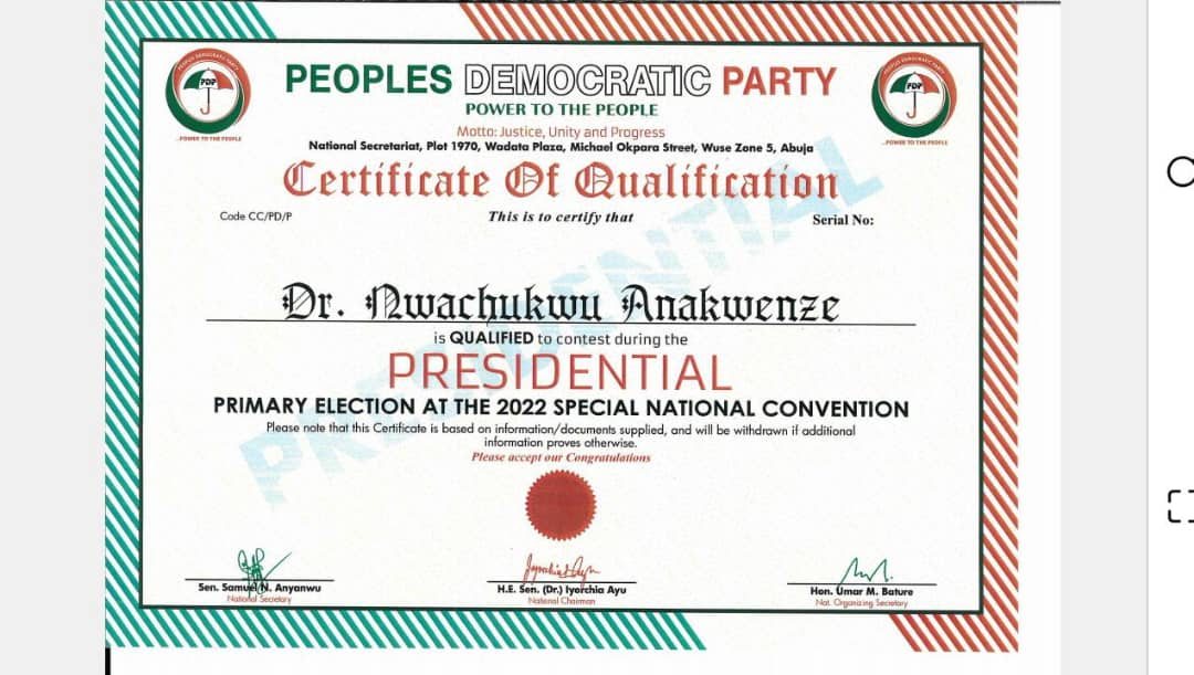 PDP clears Dr.Nwachukwu Anakwenze to  participate in the upcoming PDP Presidential Primaries